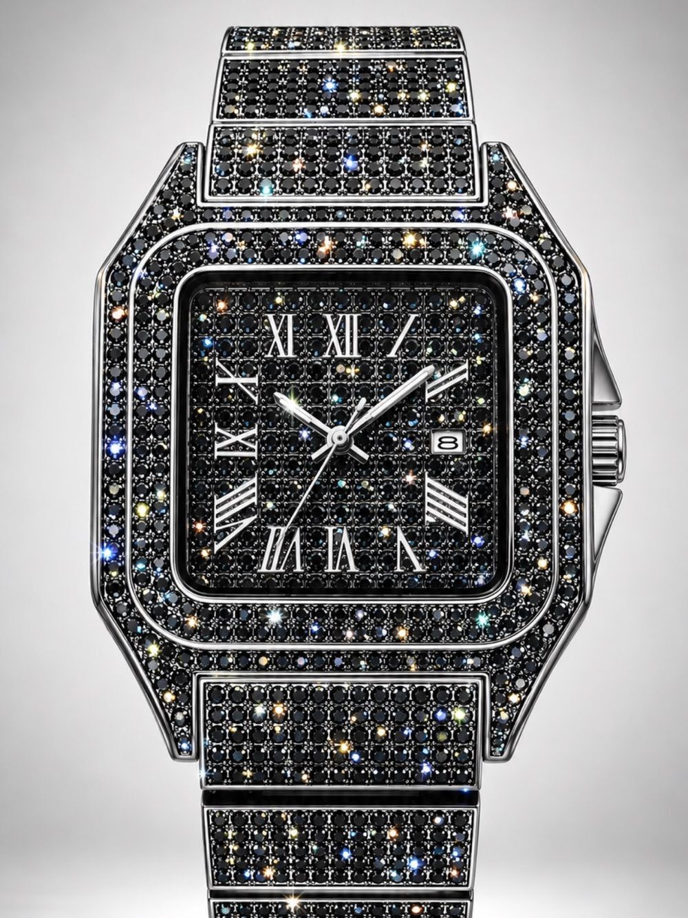 Bust Down Black Diamond Watch Stainless Steel Iced Out VVS Simulated Diamonds